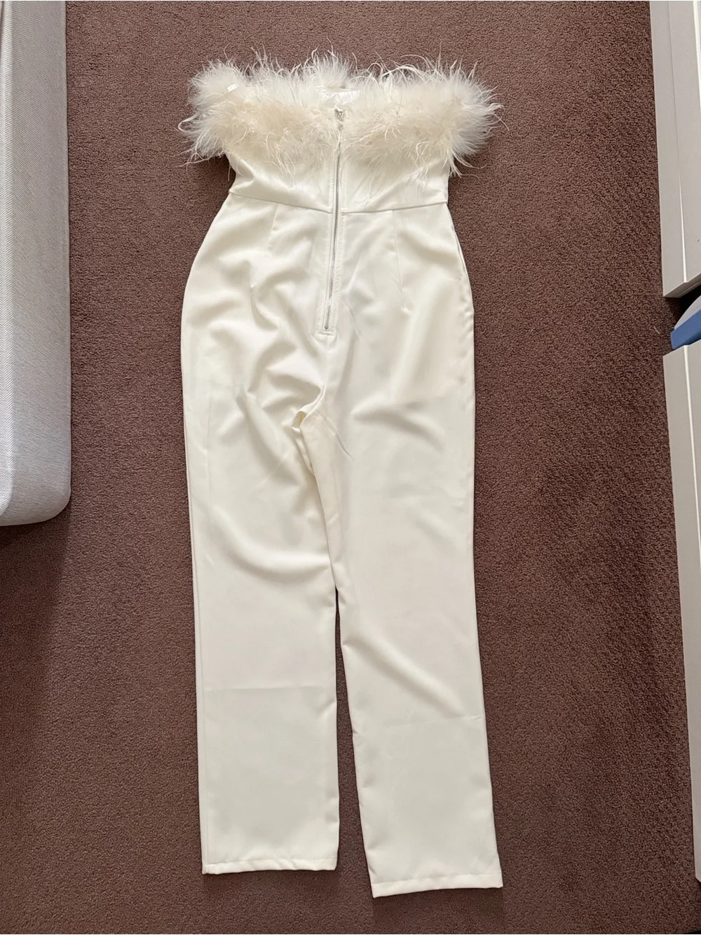 NastyGal Strapless Feather Cream Jumpsuit - Picture 3 of 4